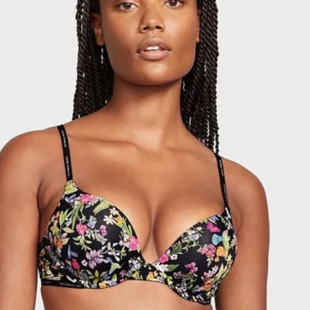 Add 2 Cups Victoria’s Secret Bombshell Bra Birds of Paradise Black 34C